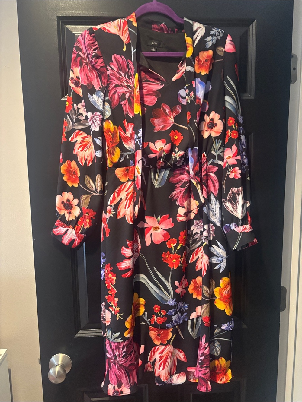 J. Crew Black Floral V-Neck Long Sleeve Dress